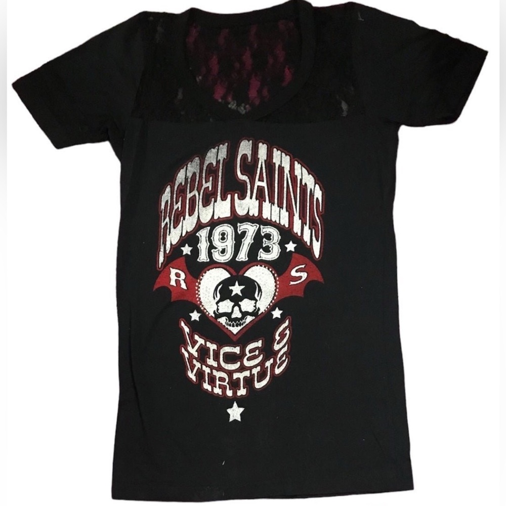 Rebel Saints By Affliction 1973 Black Graphic Tee Size Small NWOT